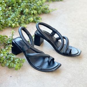 Topshop Black Leather Square Toe Chunky Sandals, Size 37 (US 6.5)